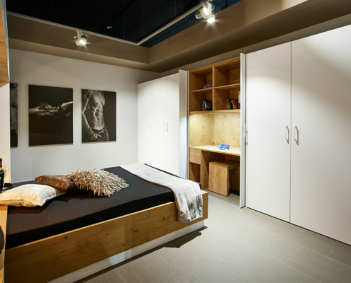 Bild zeigt Schlafbereich mit Arbeitsplatz in einem modernen Apartment